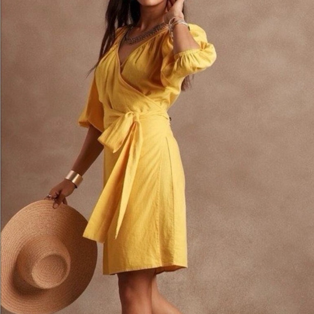 Banana Republic Yellow Wrap Dress with Tie Waist, petite medium